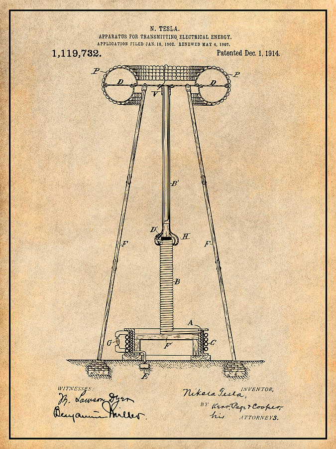 1914 Tesla Tower Patent Print Antique Paper Drawing by Greg Edwards ...