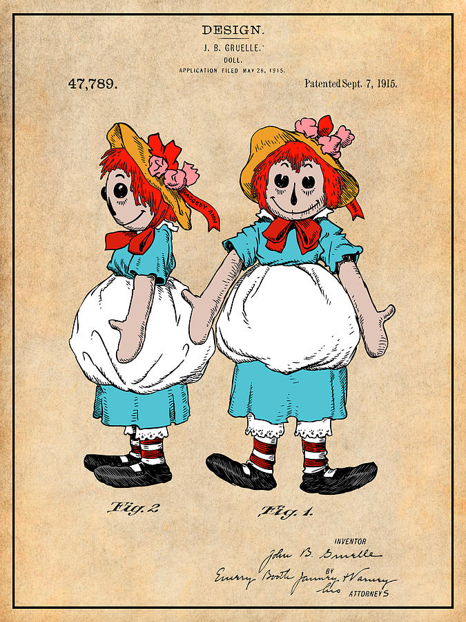 1915 Color Raggedy Ann Doll Antique Paper Colorized Patent Print Drawing by Greg Edwards