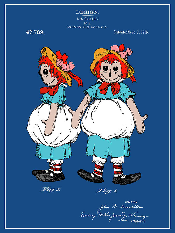 1915 Color Raggedy Ann Doll Blueprint Colorized Patent Print Drawing by