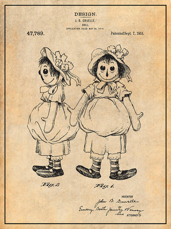 1915 Color Raggedy Ann Doll Patent Print Antique Paper Drawing by Greg