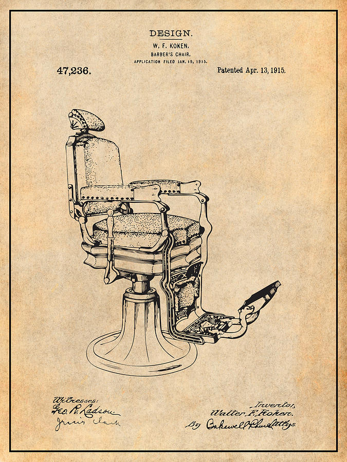 1915 Koken Barbers Chair Antique Paper Patent Print Drawing by Greg Edwards