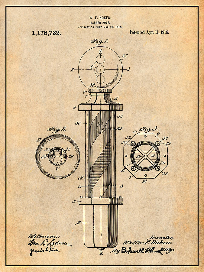 1915 Koken Barbers Pole Antique Paper Patent Print Drawing by Greg Edwards