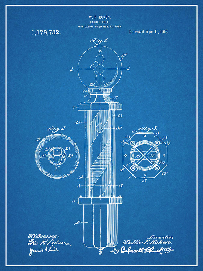 1915 Koken Barbers Pole Blueprint Patent Print Drawing by Greg Edwards