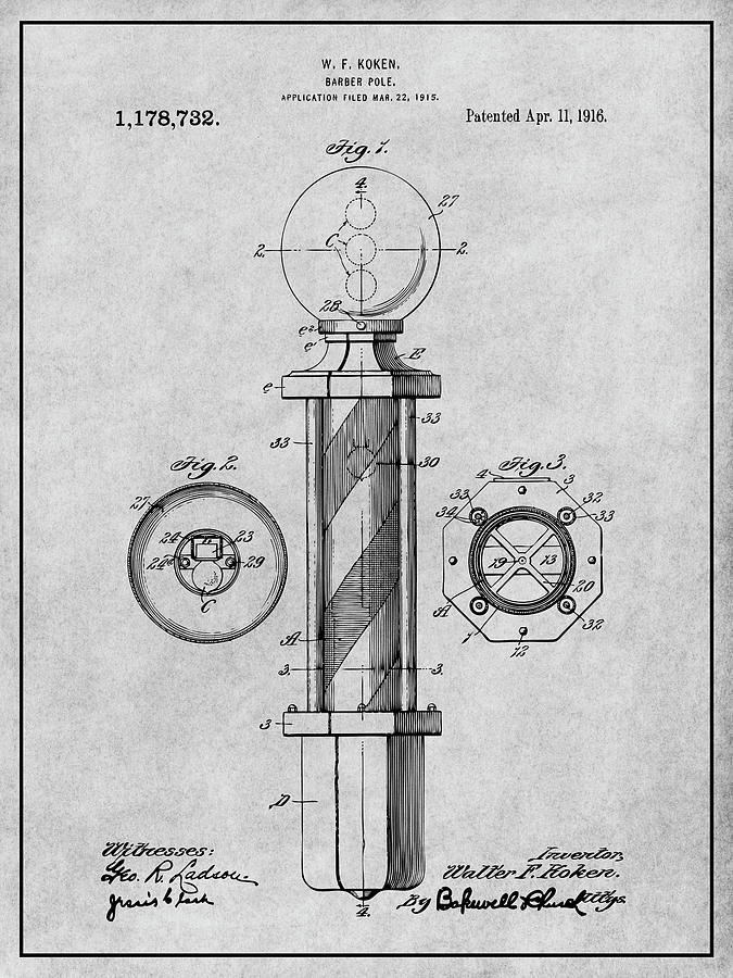 1915 Koken Barbers Pole Gray Patent Print Drawing by Greg Edwards