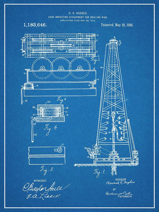 1916 Howard Hughes Oil Drilling Rig Attachment Patent Print Blueprint Drawing by Greg Edwards