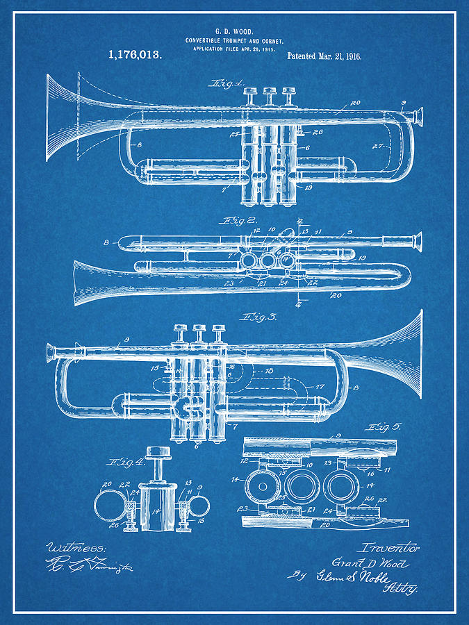 1916 Trumpet and Cornet Blueprint Patent Print Drawing by Greg Edwards