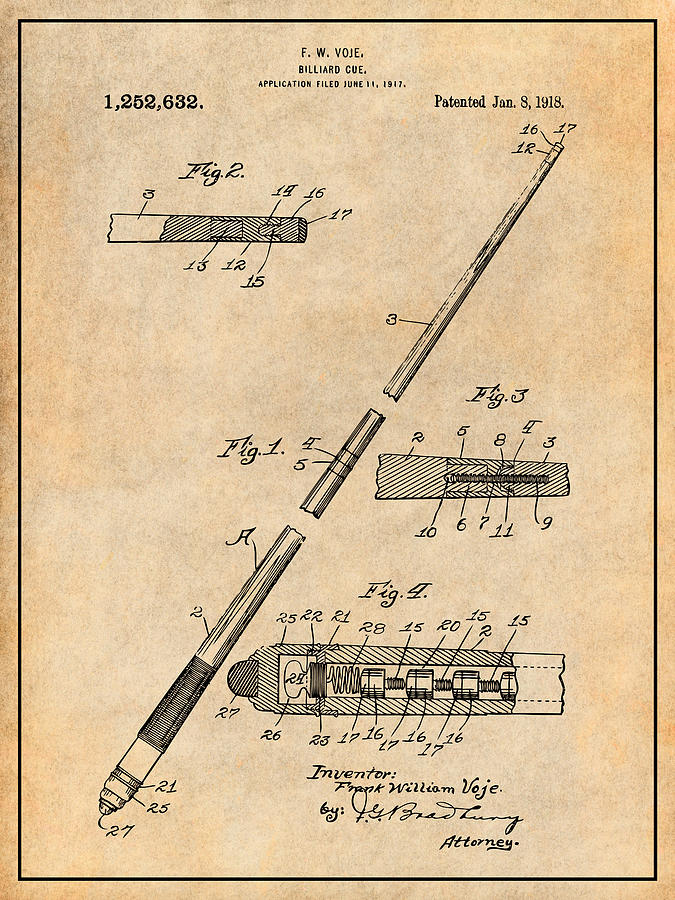 1917 Billiard Pool Cue Antique Paper Patent Print Drawing by Greg Edwards