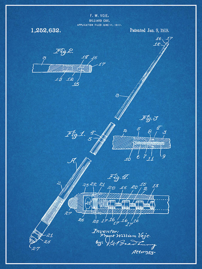 1917 Billiard Pool Cue Blueprint Patent Print Drawing by Greg Edwards