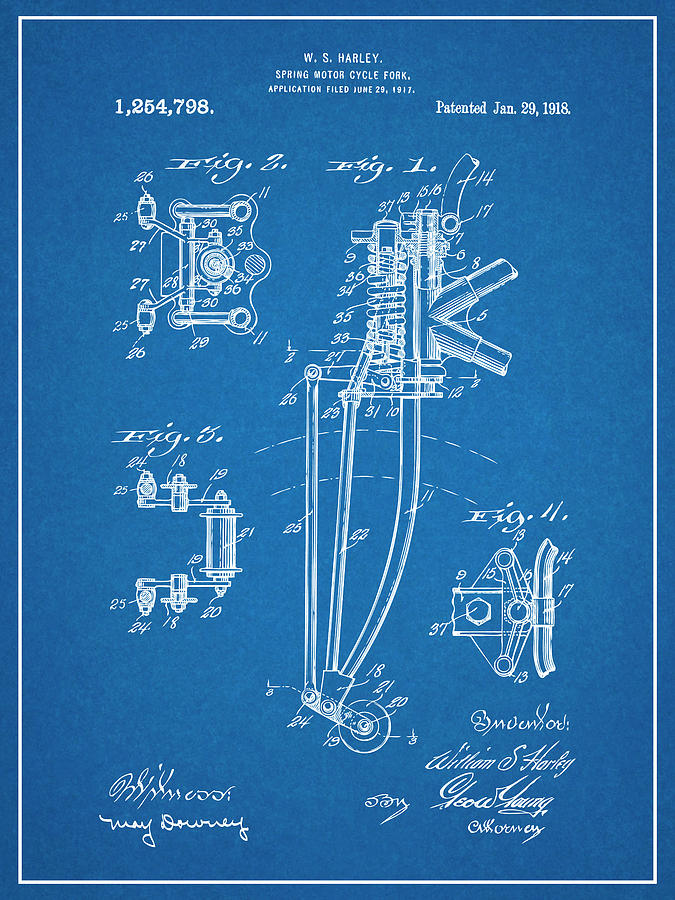 1917 Harley Davidson Springer Front Fork Patent Print Blueprint Drawing by Greg Edwards
