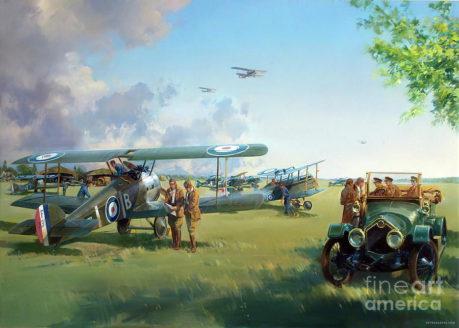 1917 Wwi Airfield Featuring Vintage Car And Biplane Painting by Retrographs