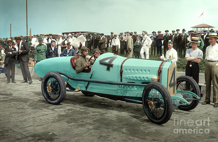 Vintage Photograph - 1918 Packard Racer With Driver Ralph Depalma At Indy, Colorized Photo by Retrographs