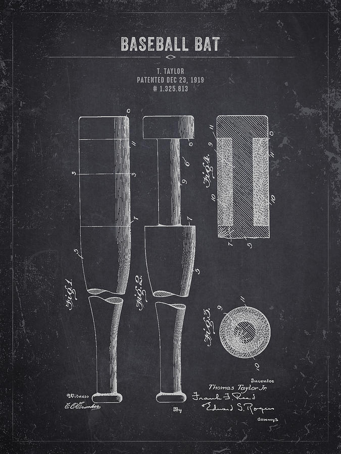 1919 Baseball Bat - Dark Charcoal Grunge Digital Art