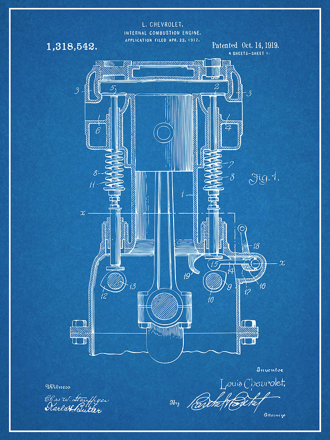 1919 Chevrolet Internal Combustion Engine Patent Print Art Drawing Poster 