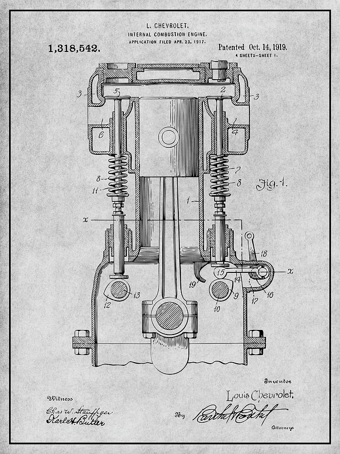 1919 Chevrolet Internal Combustion Engine Gray Patent Print Drawing by ...