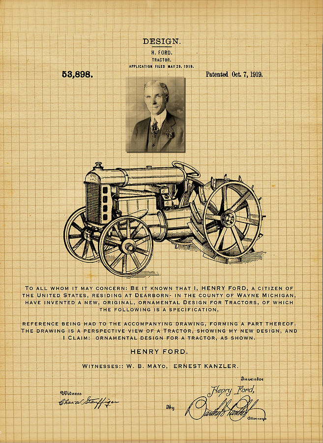 1919 Henry Ford Tractor Patent Vintage Digital Art by Carlos Diaz