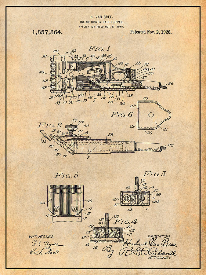 1919 Motor Driven Hair Clipper Antique Paper Patent Print Drawing by Greg Edwards