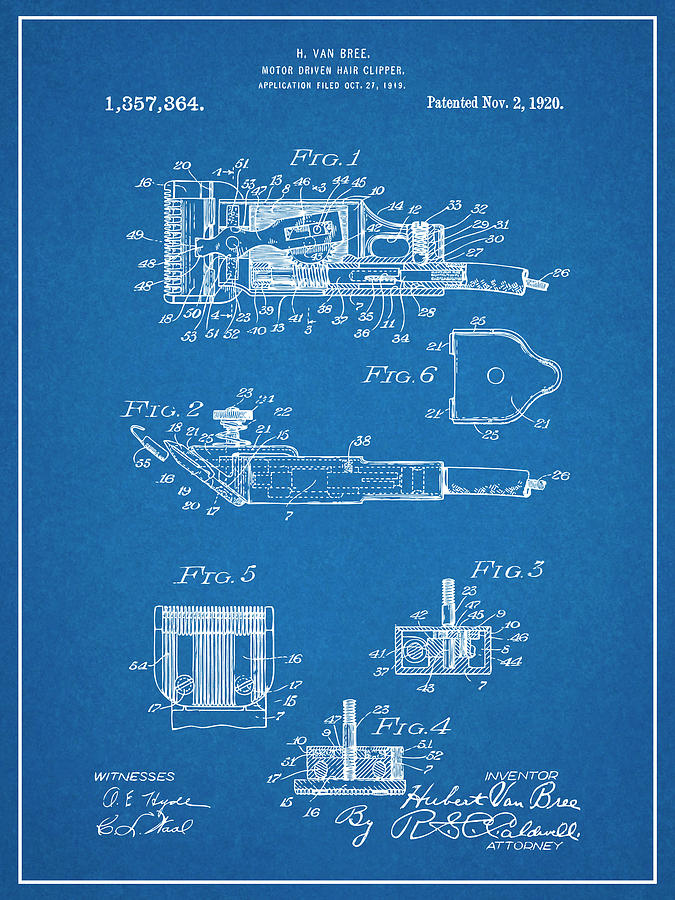 1919 Motor Driven Hair Clipper Blueprint Patent Print Drawing by Greg Edwards