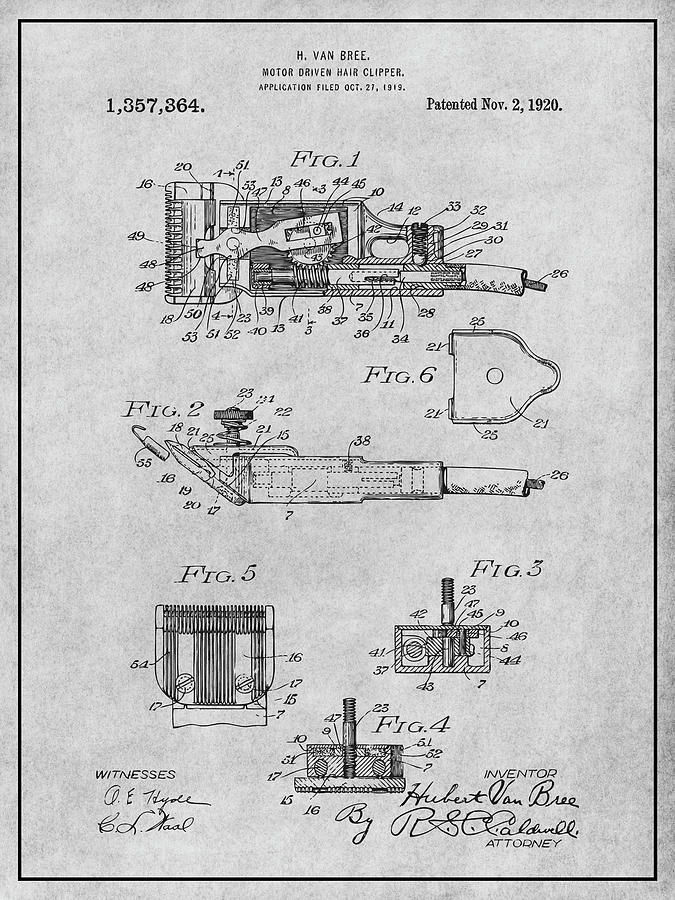 1919 Motor Driven Hair Clipper Gray Patent Print Drawing by Greg Edwards
