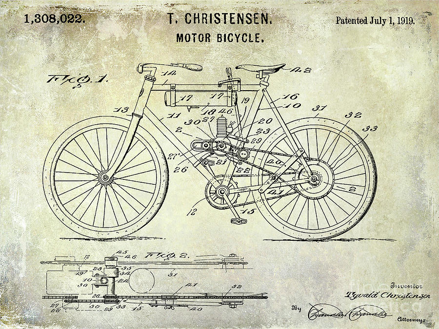 1919 Motorcycle Patent Photograph by Jon Neidert