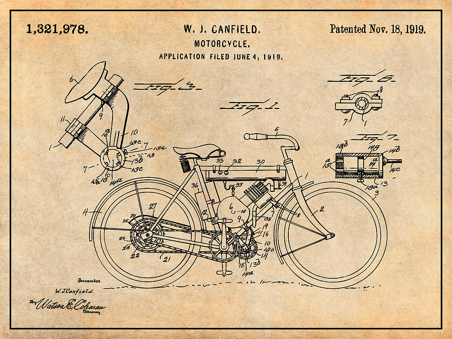 1919 W. J. Canfield Motorcycle Antique Paper Patent Print Drawing by Greg Edwards