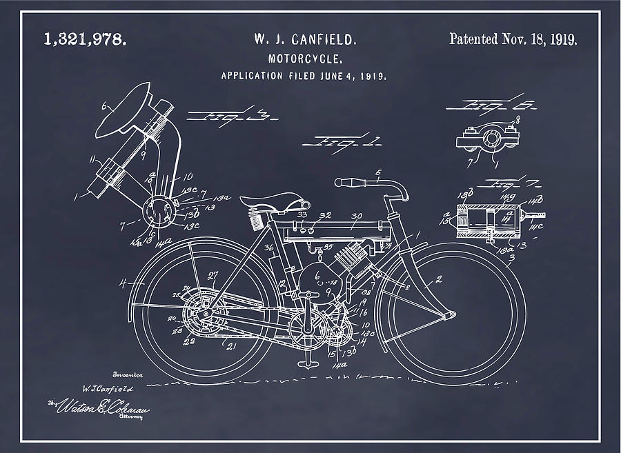 1919 W. J. Canfield Motorcycle Blackboard Patent Print Drawing by Greg Edwards