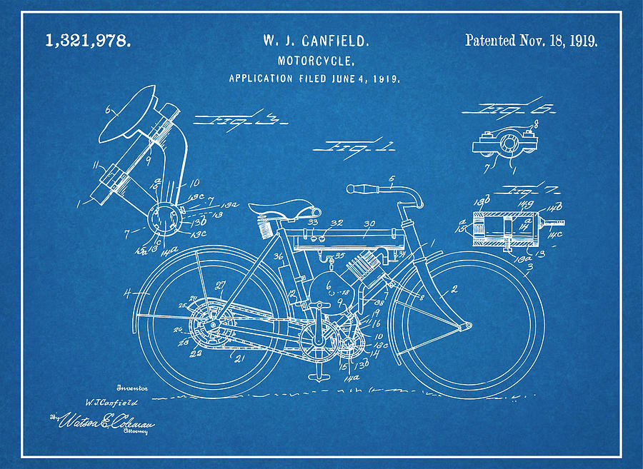 1919 W. J. Canfield Motorcycle Blueprint Patent Print  Drawing by Greg Edwards
