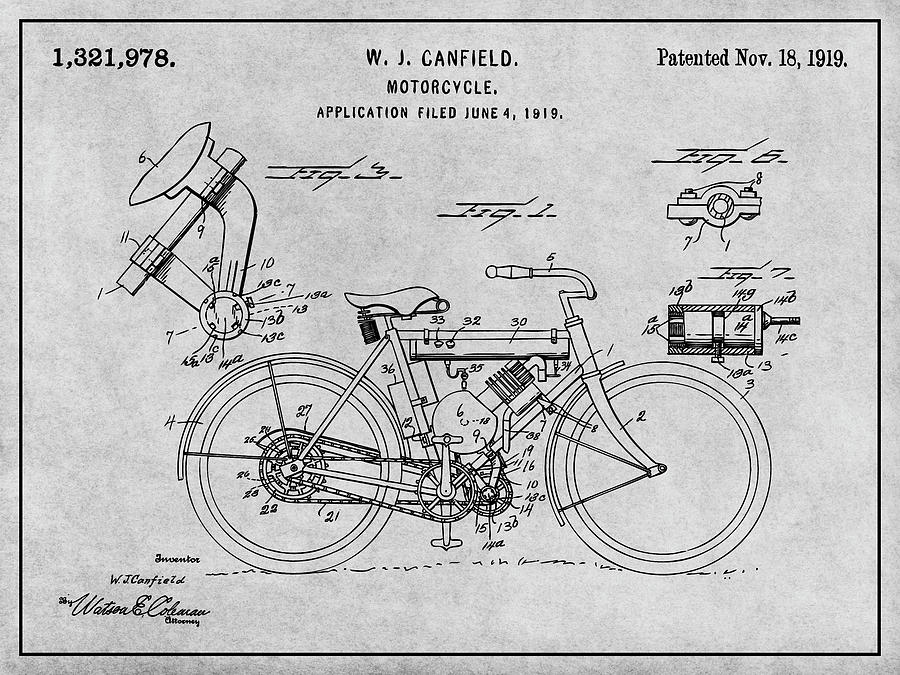 1919 W. J. Canfield Motorcycle Gray Patent Print Drawing by Greg Edwards