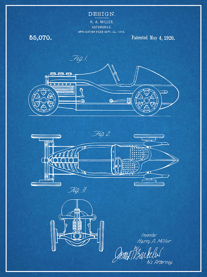 1920 H. A. Miller Race Car Patent Print Blueprint Drawing by Greg Edwards