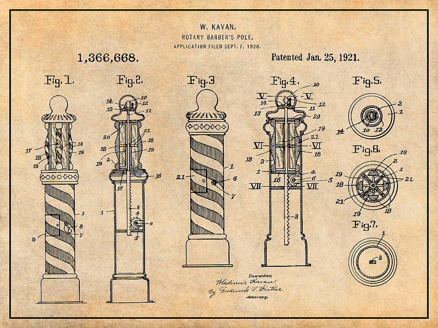 1920 Kavon Rotary Barber Pole Antique Paper Patent Print Drawing by Greg Edwards