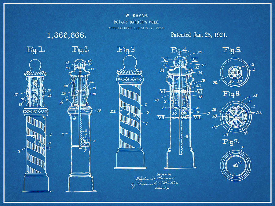 1920 Kavon Rotary Barber Pole Blueprint Patent Print  Drawing by Greg Edwards