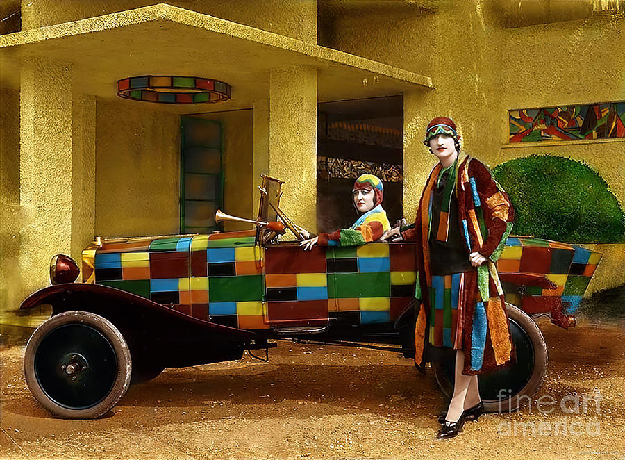 1920s French Art Deco Roadster With Models In Matching Outfits Photograph by Retrographs