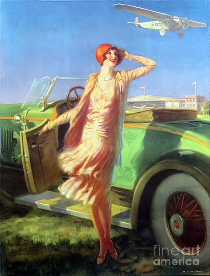 1920s Illustration With Woman And Roadster And Airplane Mixed Media by Retrographs