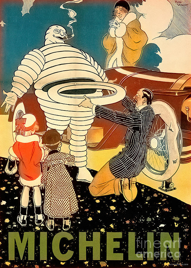 1920s Michelin Bibendum Tire Man With Car And Children Mixed Media by Retrographs