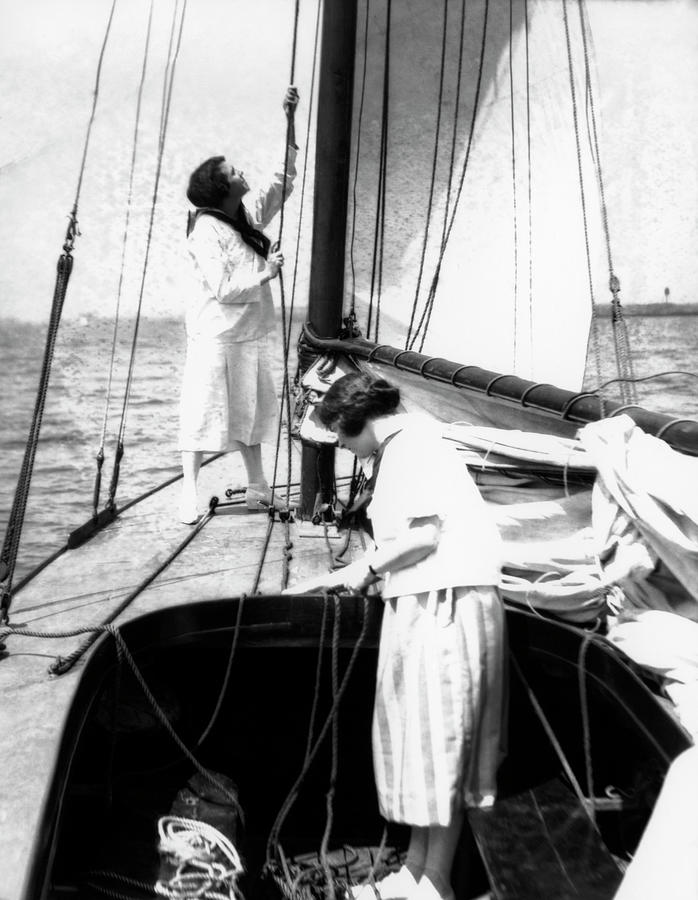 1920s Two Women On Deck Of Catboat One Painting by Vintage Images ...