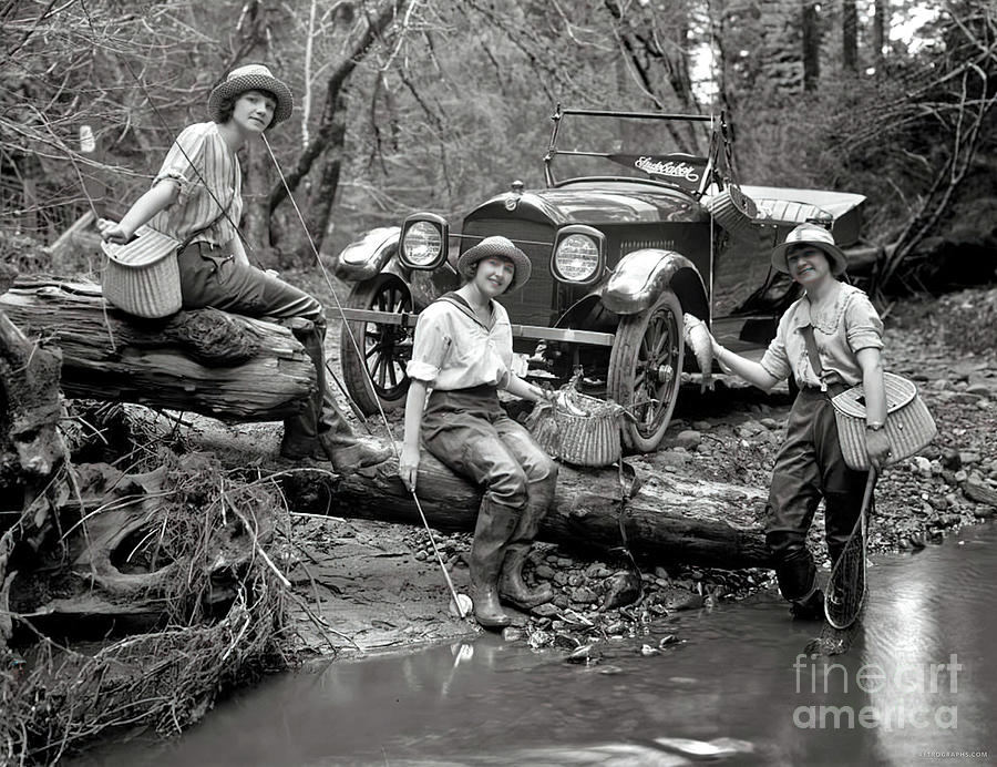 1920s Vehicle With Women At Fishing Hole Photograph by Retrographs