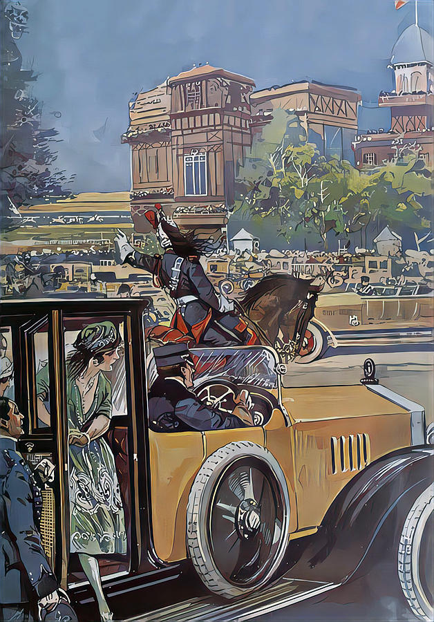 1921 Formal Vehicle With Driver And Passengers Elegant City Setting Original French Art Deco Illustration Mixed Media by Retrographs