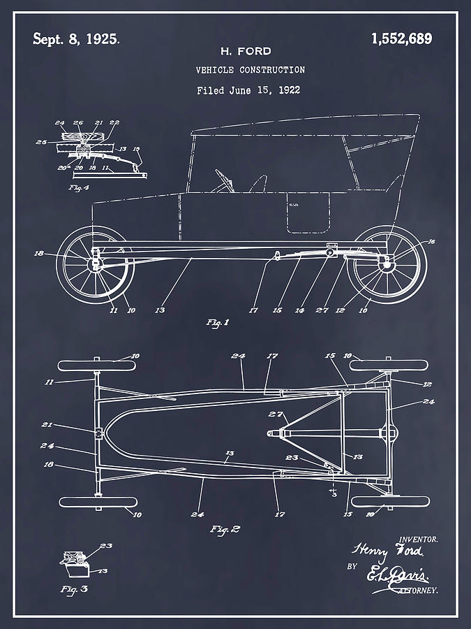 1922 Henry Ford Vehicle Construction Blackboard Patent Print Drawing by ...