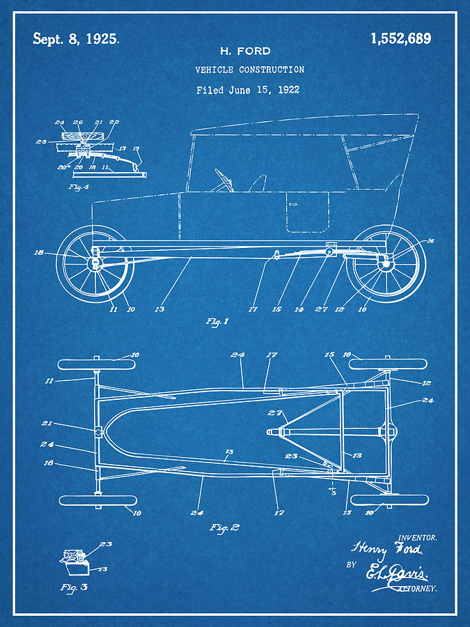 1922 Henry Ford Vehicle Construction Blueprint Patent Print Drawing by