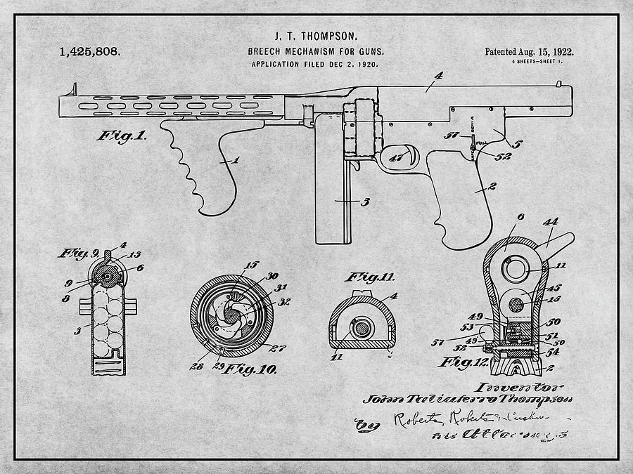 1922 Thompson Submachine Gun Gray Patent Print Drawing by Greg Edwards