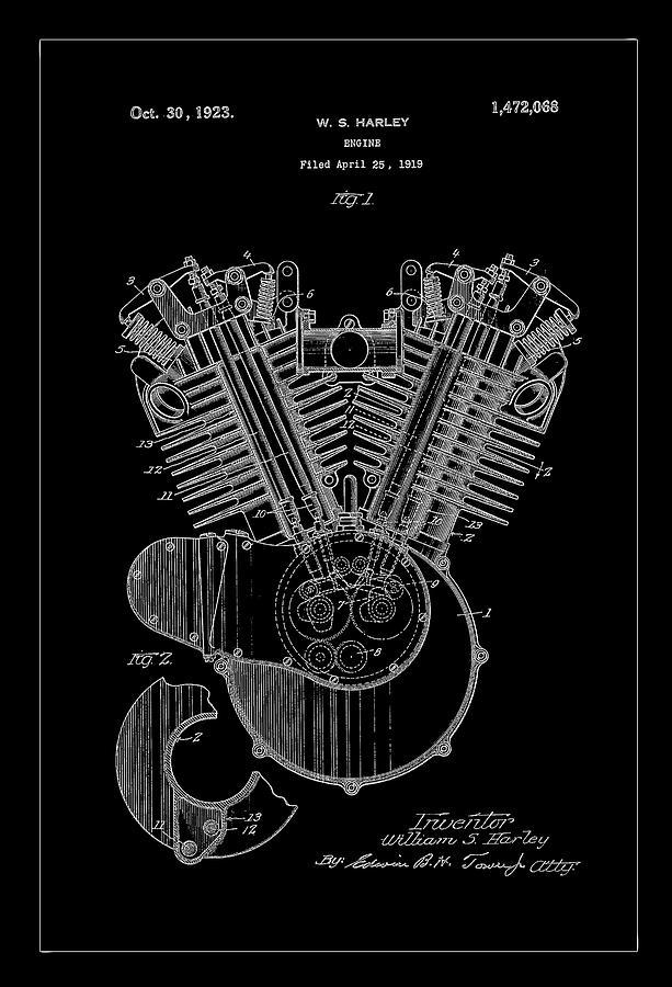 1923 Harley Motor patent Drawing Charcoal Digital Art by Carlos Diaz