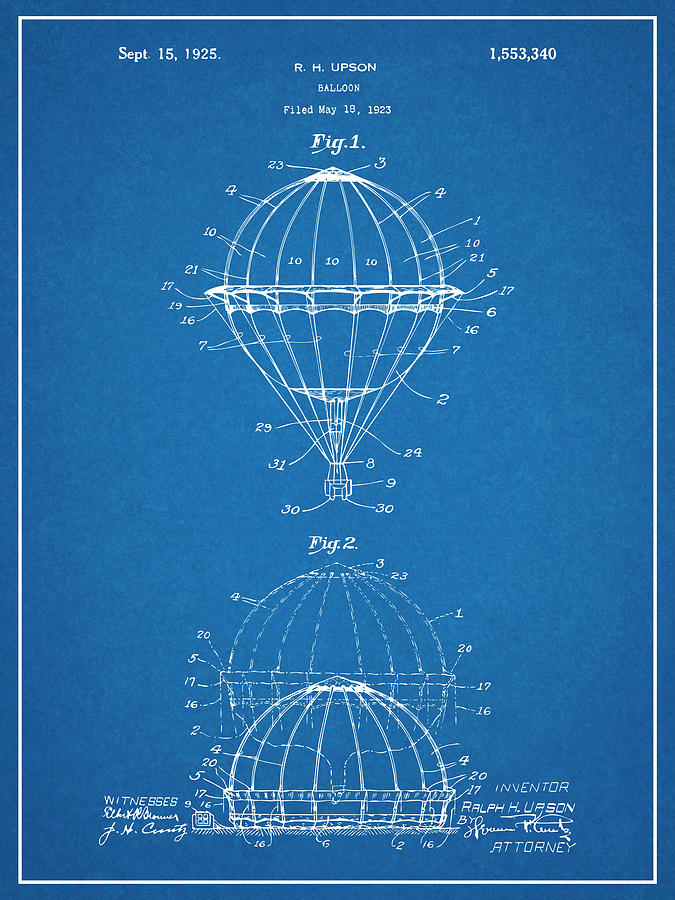 1923 Hot Air Balloon Patent Print Blueprint Drawing by Greg Edwards