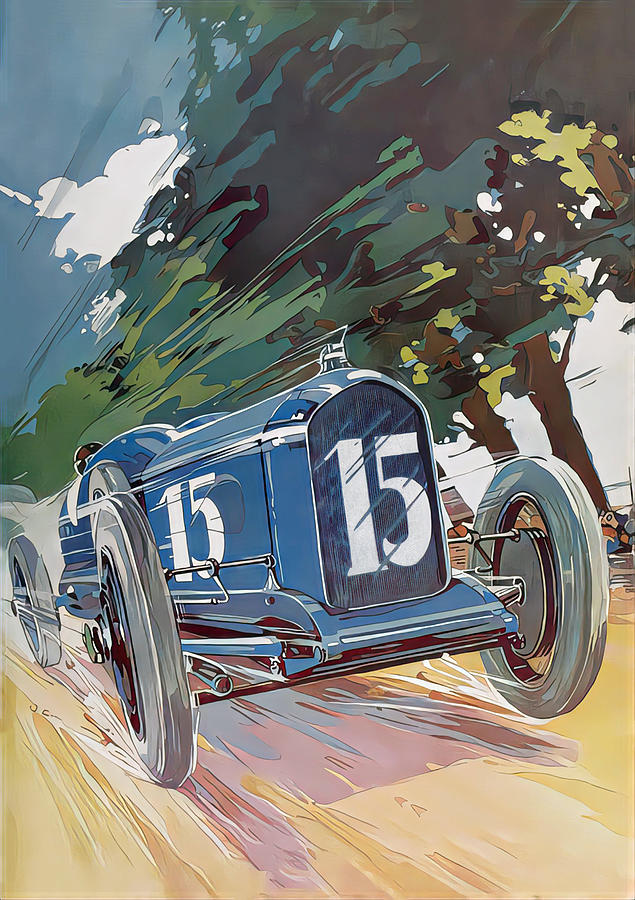 1924 Racing Car At Speed Country Road Original French Art Deco Illustration Mixed Media by Roger Soubie