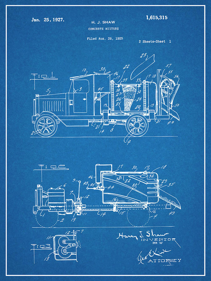 1925 Concrete Mixer Truck Patent Print Blueprint  Drawing by Greg Edwards