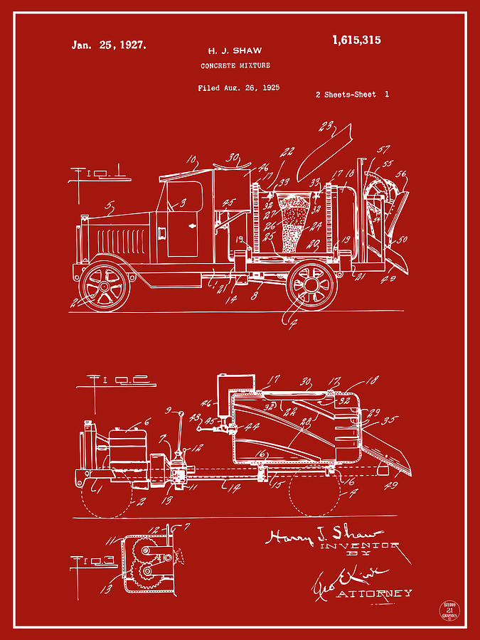 1925 Concrete Mixer Truck Patent Print Red Drawing by Greg Edwards