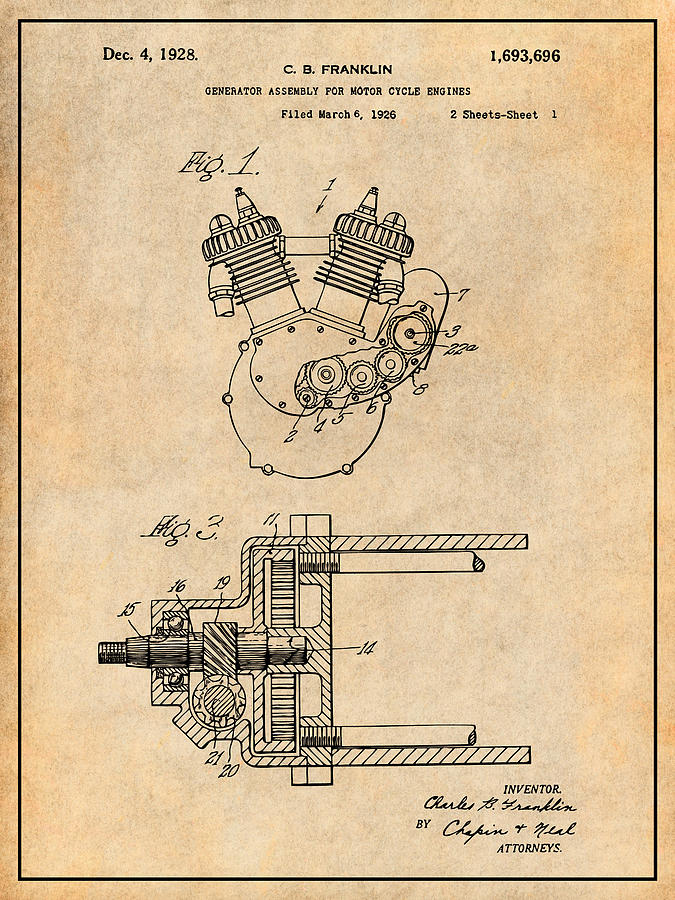 1926 Indian Generator For Motorcycle Engines Antique Paper Patent Print Drawing by Greg Edwards
