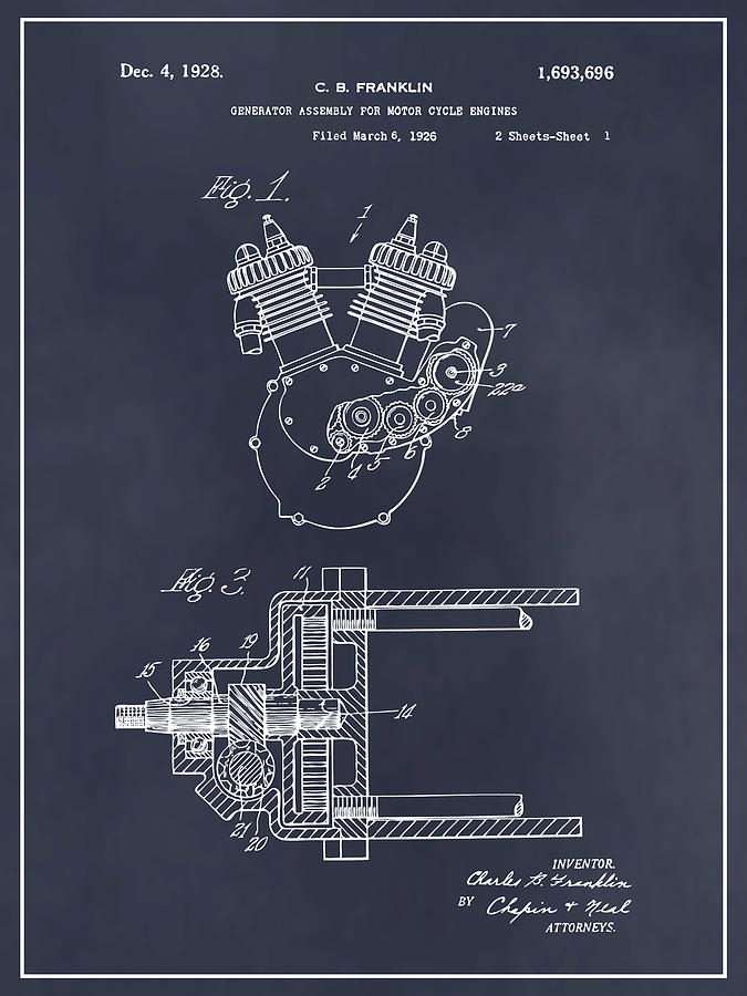 1926 Indian Generator For Motorcycle Engines Blackboard Patent Print Drawing by Greg Edwards