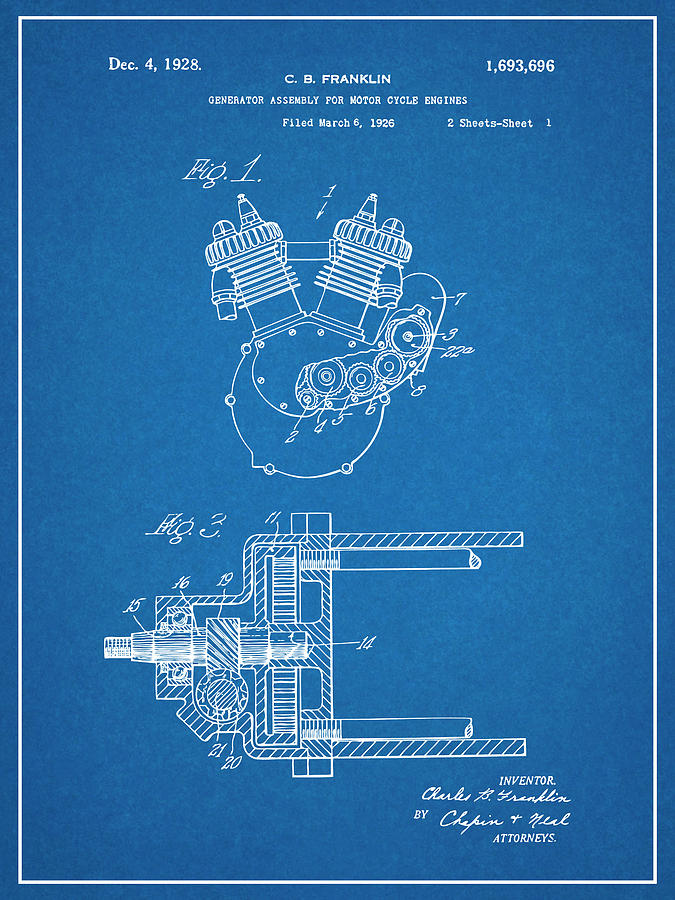 1926 Indian Generator For Motorcycle Engines Blueprint Patent Print by Greg - Fine America