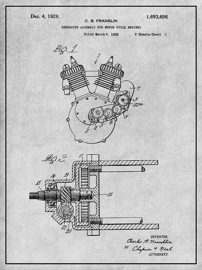 1926 Indian Generator For Motorcycle Engines Gray Patent Print Drawing by Greg Edwards