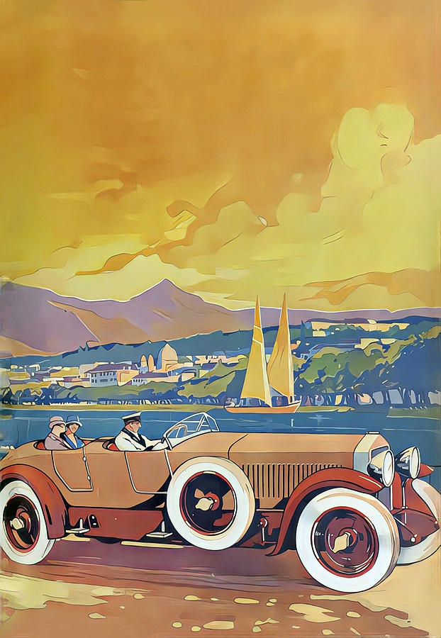 1926 Open Touring Car With Passengers Ocean Setting Original French Art Deco Illustration Mixed Media by Retrographs