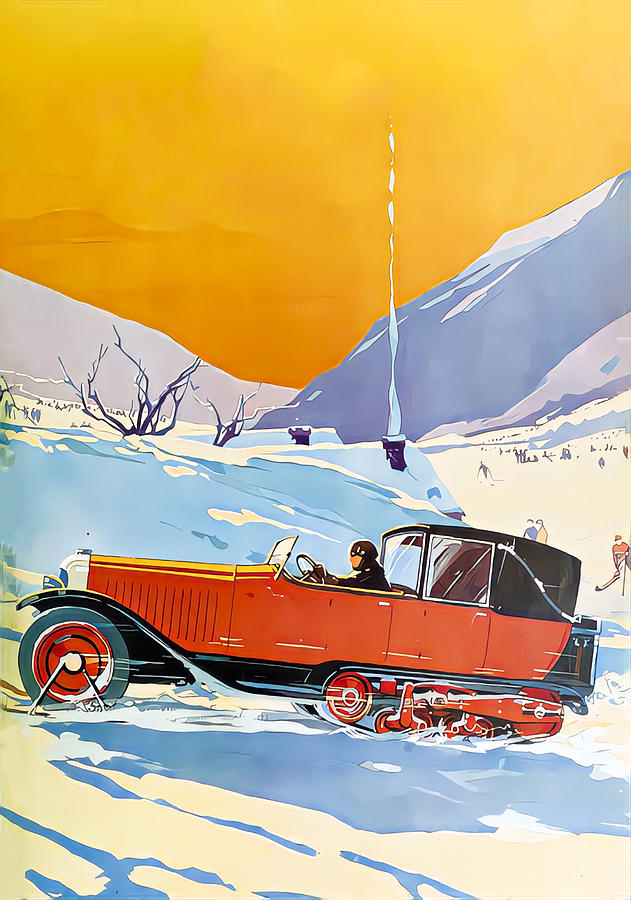 1926 Town Car Converted For Snow Travel Ski Slope Setting Original French Art Deco Illustration Mixed Media by Retrographs
